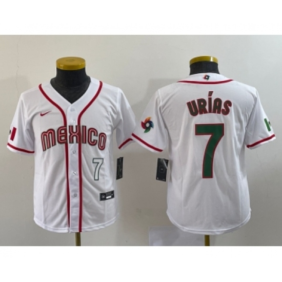 Youth Mexico Baseball 7 Julio Urias Number 2023 Red World Baseball Classic Stitched Jersey 4