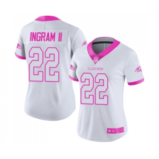 Women's Baltimore Ravens 22 Mark Ingram II Limited White Pink Rush Fashion Football Jersey