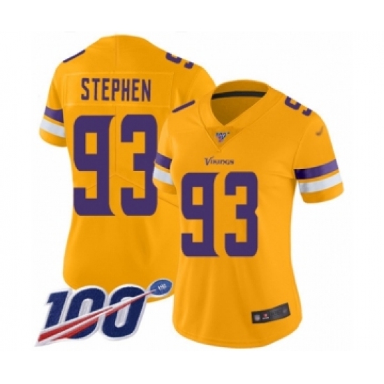 Women's Minnesota Vikings 93 Shamar Stephen Limited Gold Inverted Legend 100th Season Football Jersey