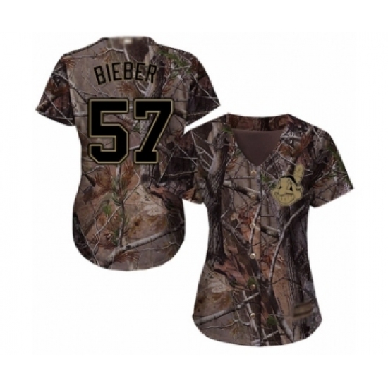 Women's Cleveland Indians 57 Shane Bieber Authentic Camo Realtree Collection Flex Base Baseball Jersey