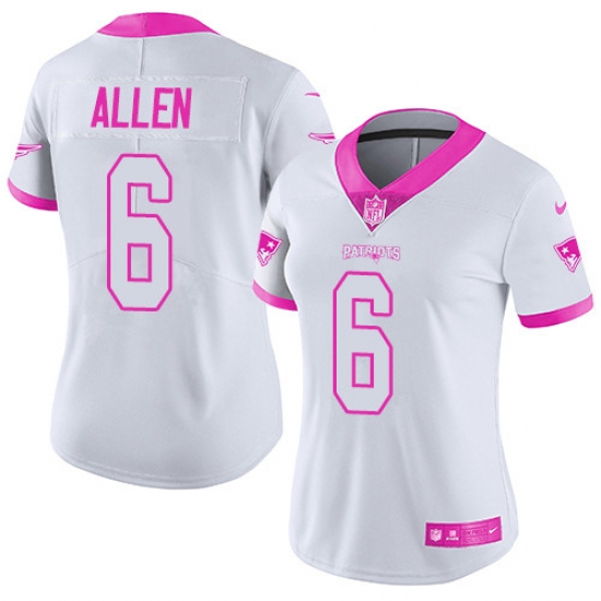 Women's Nike New England Patriots 6 Ryan Allen Limited White/Pink Rush Fashion NFL Jersey