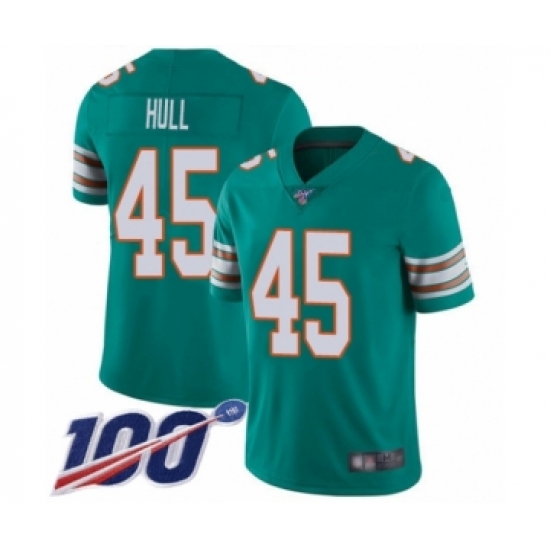 Men's Miami Dolphins 45 Mike Hull Aqua Green Alternate Vapor Untouchable Limited Player 100th Season Football Jersey