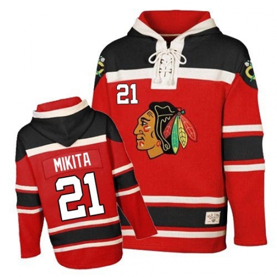 Men's Old Time Hockey Chicago Blackhawks 21 Stan Mikita Authentic Red Sawyer Hooded Sweatshirt NHL Jersey