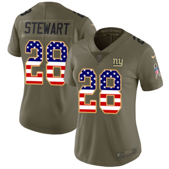 Women's Nike New York Giants 28 Jonathan Stewart Limited Olive USA Flag 2017 Salute to Service NFL Jersey