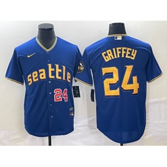 Men's Seattle Mariners 24 Ken Griffey Number Blue 2023 City Connect Cool Base Stitched Jersey1