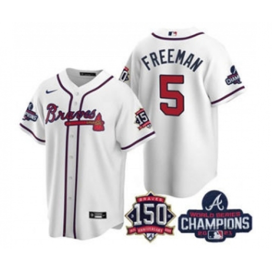 Men's Atlanta Braves 5 Freddie Freeman 2021 White World Series Champions With 150th Anniversary Patch Cool Base Stitched Jersey