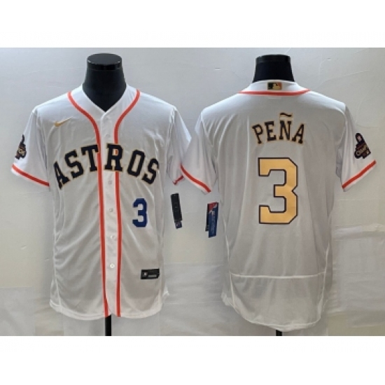 Men's Houston Astros 3 Jeremy Pena Number 2023 White Gold World Serise Champions Flex Base Stitched Jersey