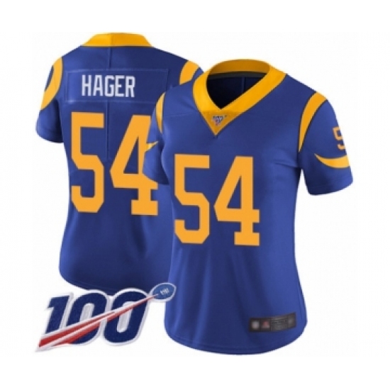 Women's Los Angeles Rams 54 Bryce Hager Royal Blue Alternate Vapor Untouchable Limited Player 100th Season Football Jersey