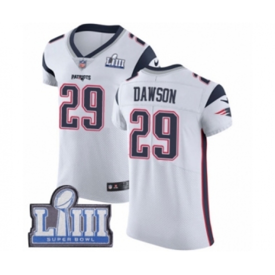 Men's Nike New England Patriots 29 Duke Dawson White Vapor Untouchable Elite Player Super Bowl LIII Bound NFL Jersey