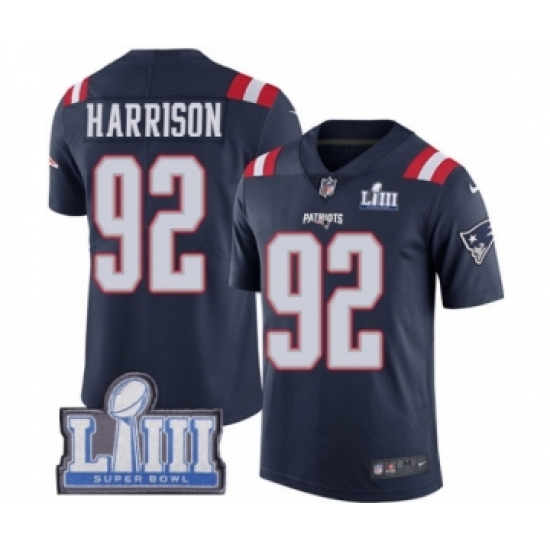 Youth Nike New England Patriots 92 James Harrison Limited Navy Blue Rush Vapor Untouchable Super Bowl LIII Bound NFL Jersey