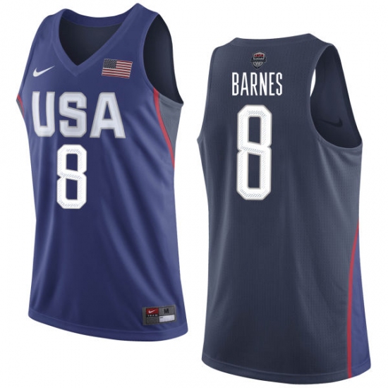 Men's Nike Team USA 8 Harrison Barnes Authentic Navy Blue 2016 Olympics Basketball Jersey - Click Image to Close