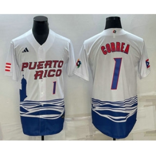 Men's Puerto Rico Baseball 1 Carlos Correa Number White 2023 World Baseball Classic Stitched Jersey