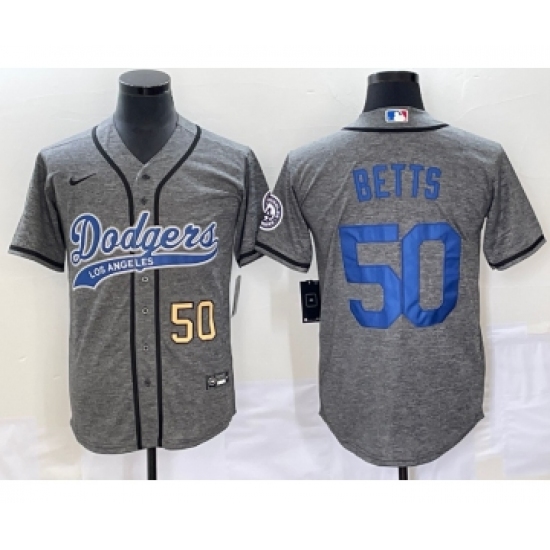Men's Los Angeles Dodgers 50 Mookie Betts Number Grey Gridiron Cool Base Stitched Baseball Jersey