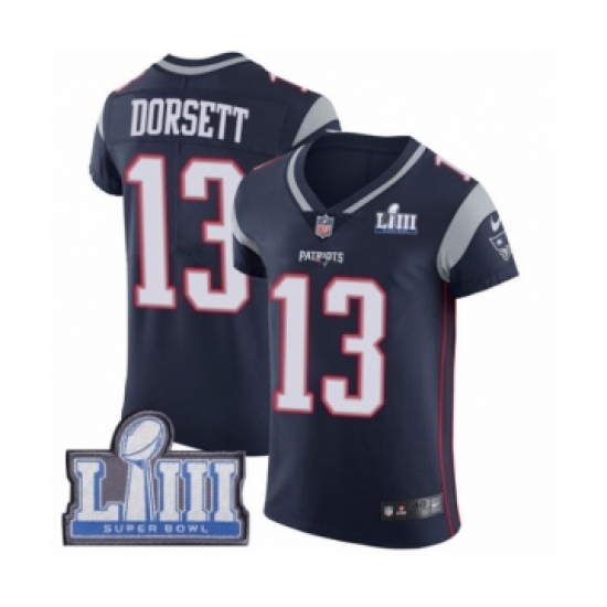 Men's Nike New England Patriots 13 Phillip Dorsett Navy Blue Team Color Vapor Untouchable Elite Player Super Bowl LIII Bound NFL Jersey
