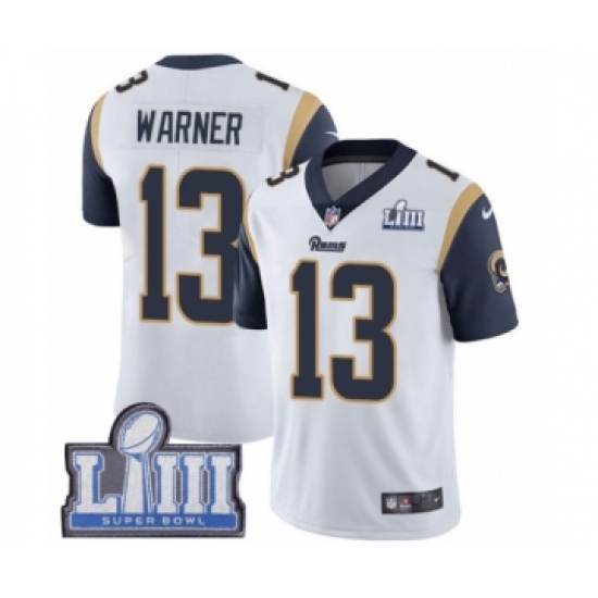 Men's Nike Los Angeles Rams 13 Kurt Warner White Vapor Untouchable Limited Player Super Bowl LIII Bound NFL Jersey