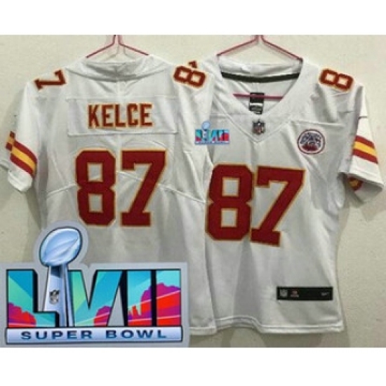 Women's Kansas City Chiefs 87 Travis Kelce Limited White Super Bowl LVII Vapor Jersey