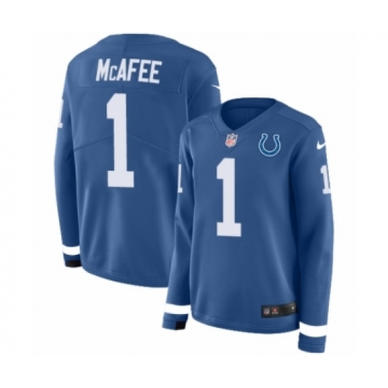 Women's Nike Indianapolis Colts 1 Pat McAfee Limited Blue Therma Long Sleeve NFL Jersey