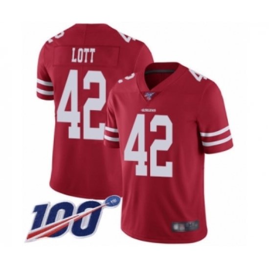 Men's San Francisco 49ers 42 Ronnie Lott Red Team Color Vapor Untouchable Limited Player 100th Season Football Jersey