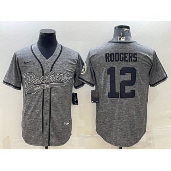 Men's Green Bay Packers 12 Aaron Rodgers Grey Gridiron With Patch Cool Base Stitched Baseball Jersey