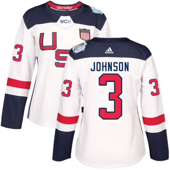 Women's Adidas Team USA 3 Jack Johnson Authentic White Home 2016 World Cup Hockey Jersey