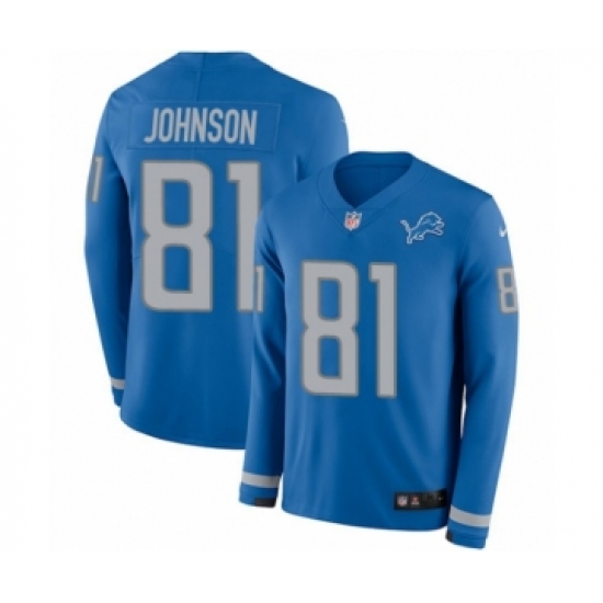 Men's Nike Detroit Lions 81 Calvin Johnson Limited Blue Therma Long Sleeve NFL Jersey