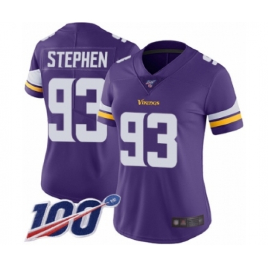 Women's Minnesota Vikings 93 Shamar Stephen Purple Team Color Vapor Untouchable Limited Player 100th Season Football Jersey