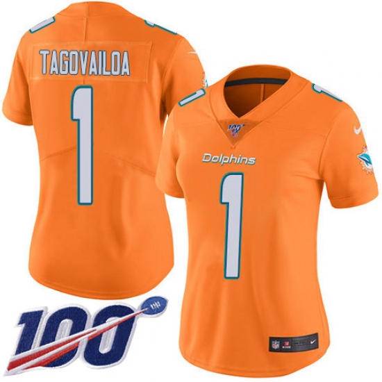 Women's Miami Dolphins 1 Tua Tagovailoa Orangen Stitched Limited Rush 100th Season Jersey