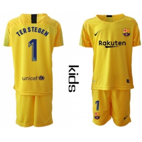 Barcelona 1 Ter Stegen Yellow Goalkeeper Kid Soccer Club Jersey