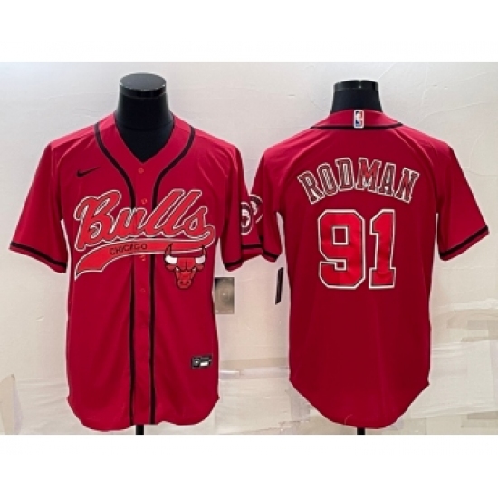 Men's Chicago Bulls 91 Dennis Rodman Red With Patch Cool Base Stitched Baseball Jersey