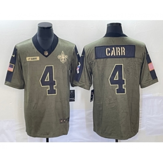 Men's New Orleans Saints 4 Derek Carr 2021 Olive Salute To Service Limited Stitched Jersey