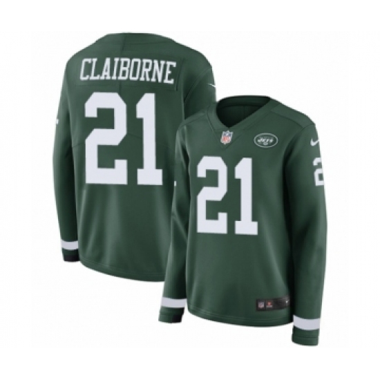 Women's Nike New York Jets 21 Morris Claiborne Limited Green Therma Long Sleeve NFL Jersey