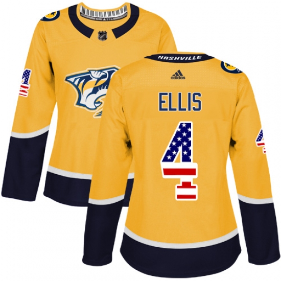 Women's Adidas Nashville Predators 4 Ryan Ellis Authentic Gold USA Flag Fashion NHL Jersey