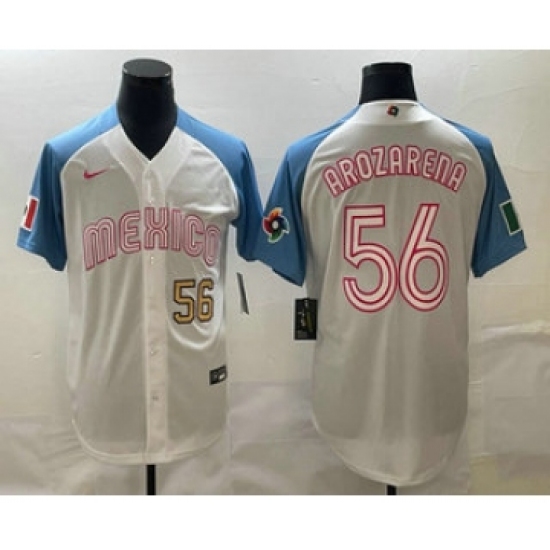 Men's Mexico Baseball 56 Randy Arozarena Number 2023 White Blue World Classic Stitched Jerseys