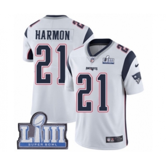 Youth Nike New England Patriots 21 Duron Harmon White Vapor Untouchable Limited Player Super Bowl LIII Bound NFL Jersey