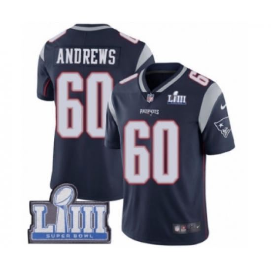 Youth Nike New England Patriots 60 David Andrews Navy Blue Team Color Vapor Untouchable Limited Player Super Bowl LIII Bound NFL Jersey