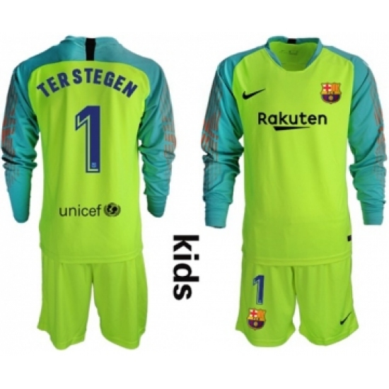 Barcelona 1 Ter Stegen Shiny Green Goalkeeper Long Sleeves Kid Soccer Club Jersey