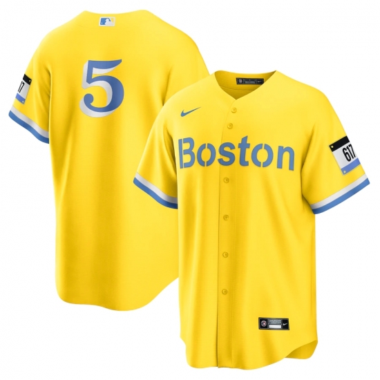 Men's Boston Red Sox 5 Enrique Hernandez Nike Gold-Light Blue 2021 City Connect Replica Player Jersey