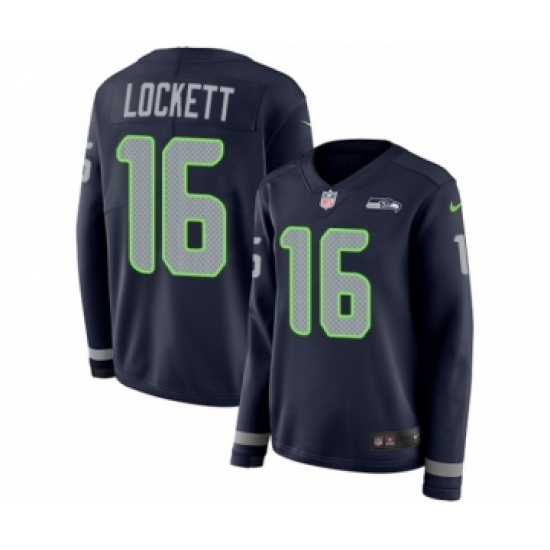 Women's Nike Seattle Seahawks 16 Tyler Lockett Limited Navy Blue Therma Long Sleeve NFL Jersey