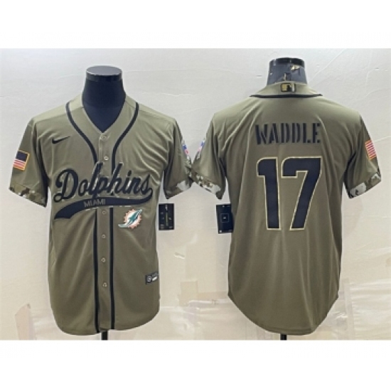Men's Miami Dolphins 17 Jaylen Waddle Olive 2022 Salute To Service Cool Base Stitched Baseball Jersey