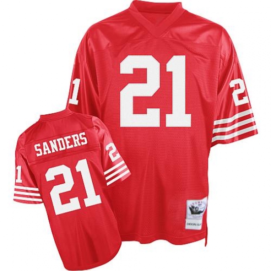 Mitchell and Ness San Francisco 49ers 21 Deion Sanders Authentic Red Team Color Throwback NFL Jersey