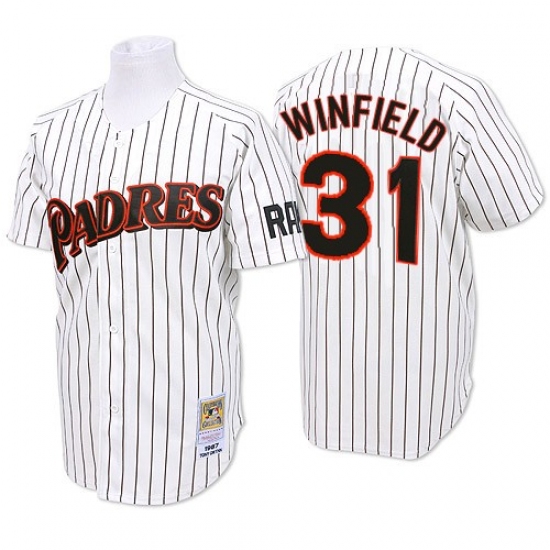 Men's Mitchell and Ness San Diego Padres 31 Dave Winfield Authentic White/Blue Strip Throwback MLB Jersey
