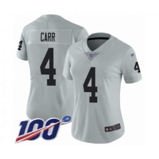 Women's Oakland Raiders 4 Derek Carr Limited Silver Inverted Legend 100th Season Football Jersey