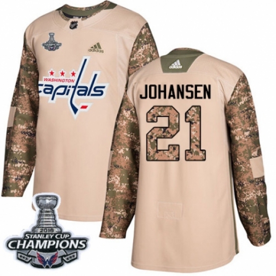 Youth Adidas Washington Capitals 21 Lucas Johansen Authentic Camo Veterans Day Practice 2018 Stanley Cup Final Champions NHL Jersey
