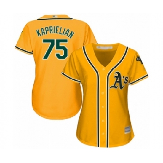 Women's Oakland Athletics 75 James Kaprielian Authentic Gold Alternate 2 Cool Base Baseball Player Jersey