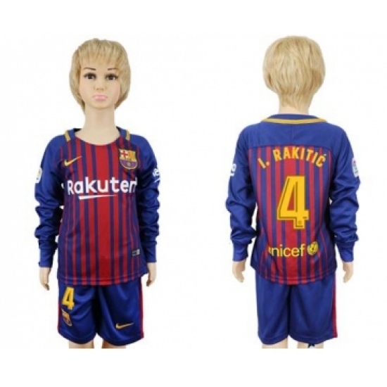 Barcelona 4 I.Rakitic Home Long Sleeves Kid Soccer Club Jersey