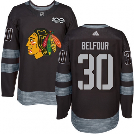 Men's Adidas Chicago Blackhawks 30 ED Belfour Authentic Black 1917-2017 100th Anniversary NHL Jersey