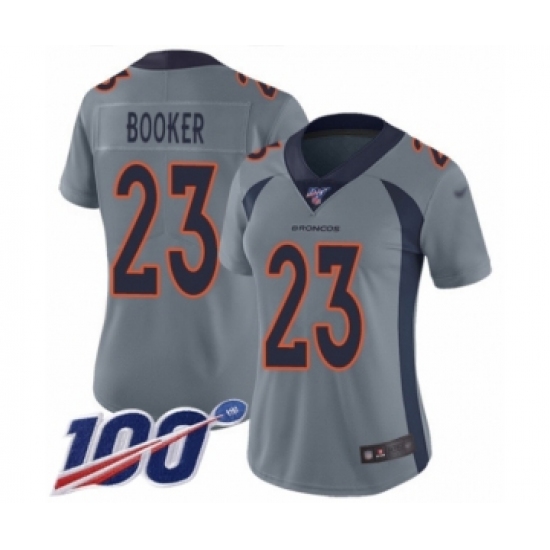 Women's Denver Broncos 23 Devontae Booker Limited Silver Inverted Legend 100th Season Football Jersey