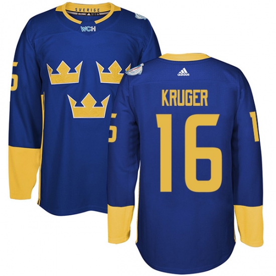 Men's Adidas Team Sweden 16 Marcus Kruger Premier Royal Blue Away 2016 World Cup of Hockey Jersey