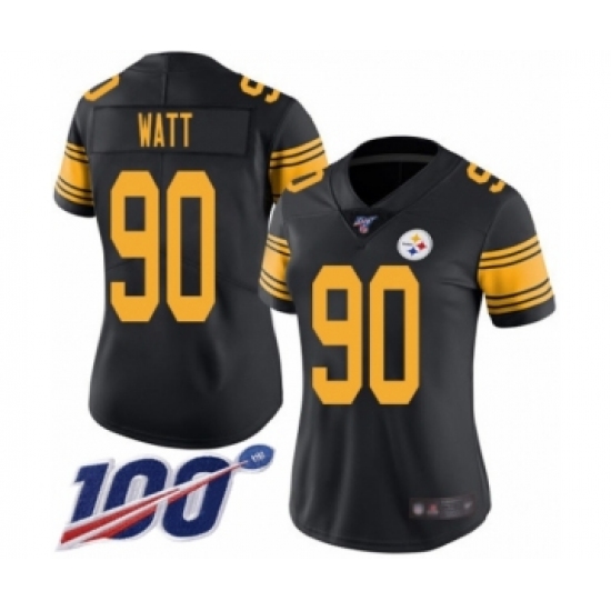 Women's Pittsburgh Steelers 90 T. J. Watt Limited Black Rush Vapor Untouchable 100th Season Football Jersey