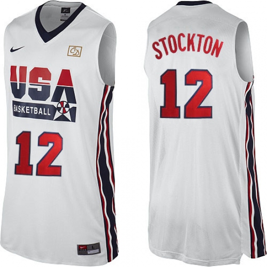 Men's Nike Team USA 12 John Stockton Authentic White 2012 Olympic Retro Basketball Jersey